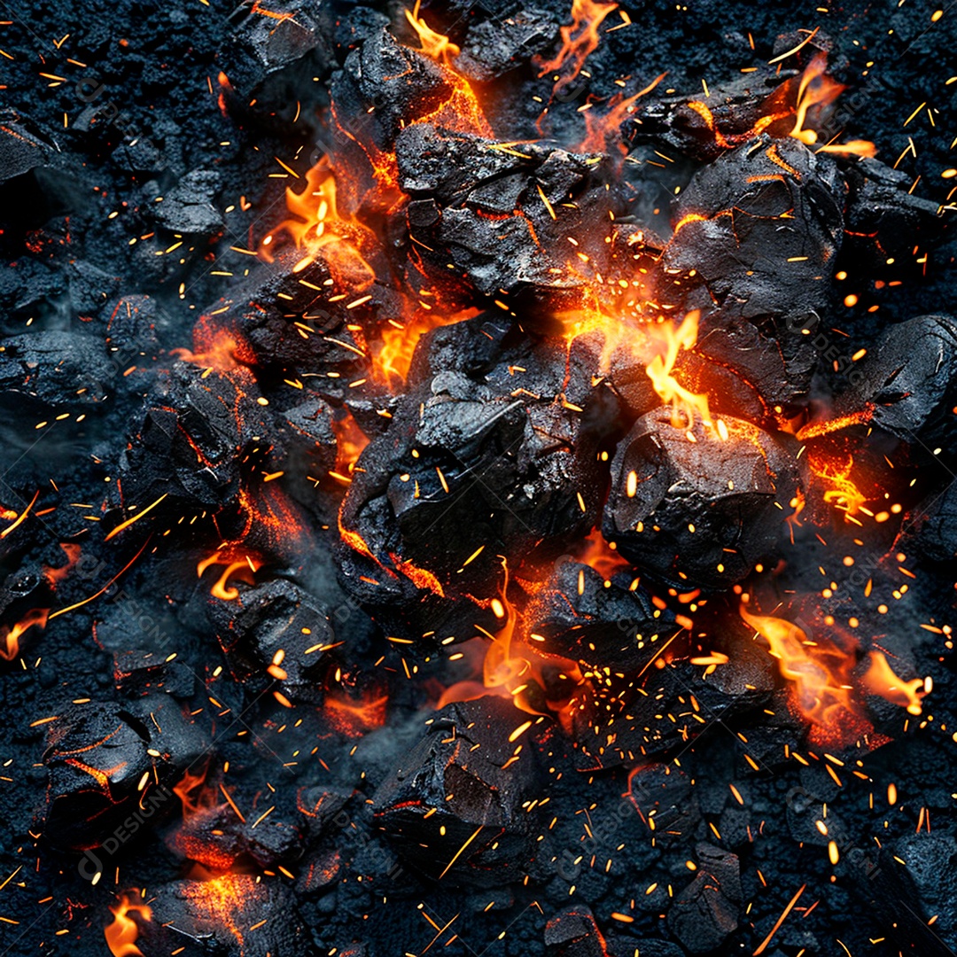 Carvão com fogo e faíscas de fogo vista superior