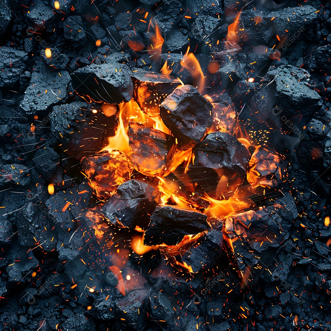 Carvão com fogo e faíscas de fogo