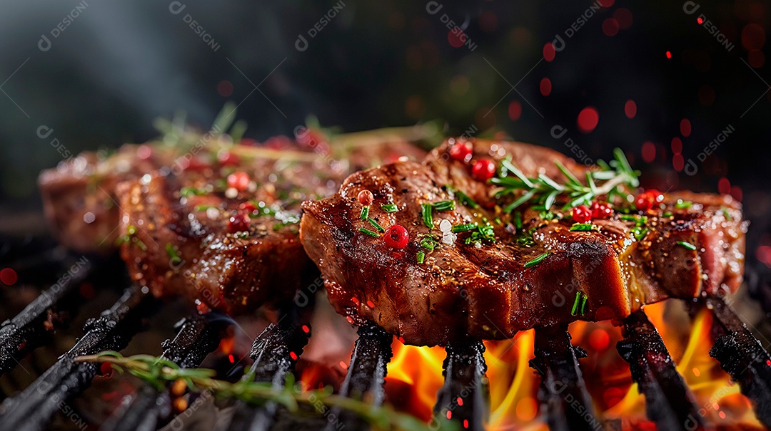 Costeletas de cordeiro grelhadas raras na grelha com ervas