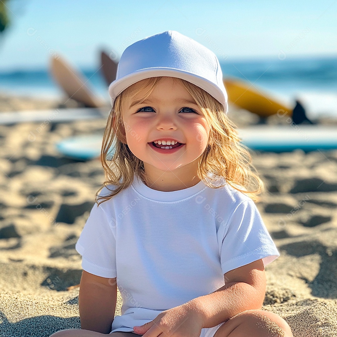 Uma foto realista de uma menina pequena vestindo blusa e boné