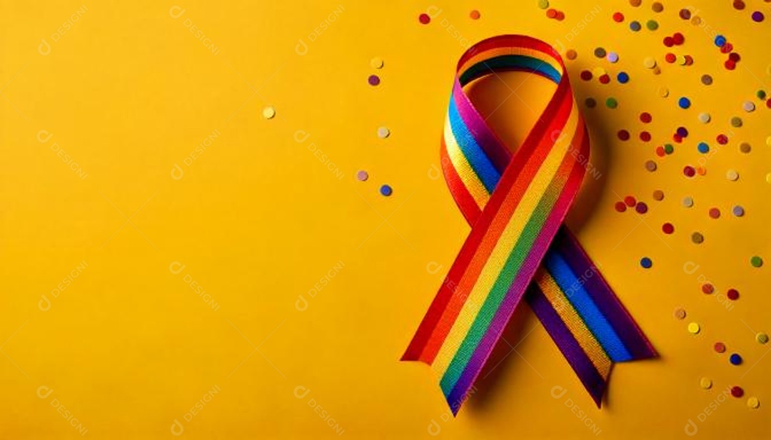 Vista superior de uma fita LGBTQIA+ à esquerda um fundo amarelo com uma atmosfera de carnaval