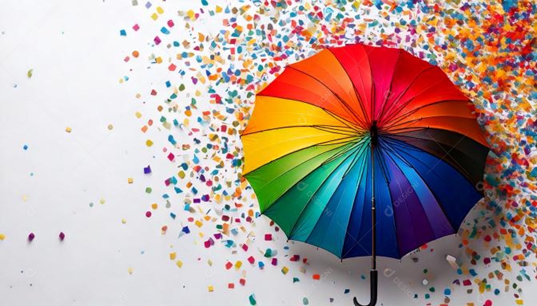 Vista superior de uma guarda-chuva LGBTQIA+ à esquerda um fundo amarelo com uma atmosfera de carnaval