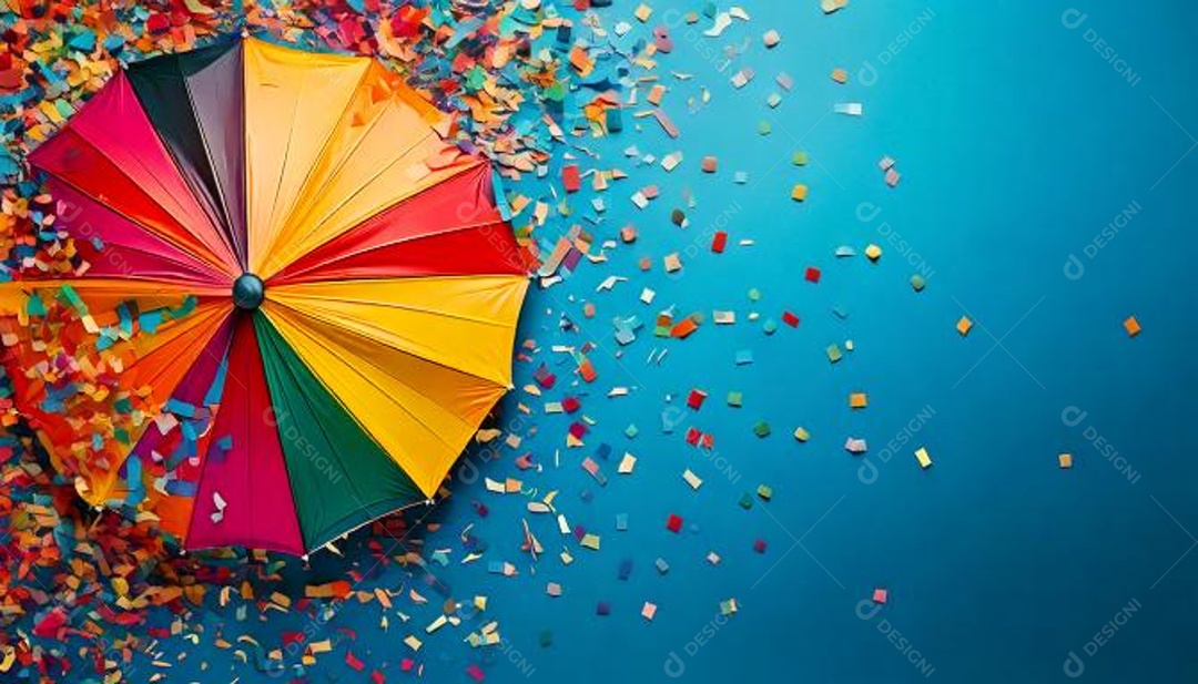 Vista superior de uma guarda-chuva LGBTQIA+ à esquerda um fundo azul com uma atmosfera de carnaval