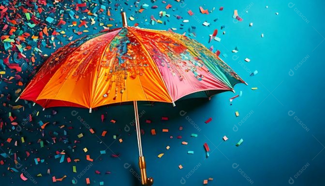 Vista superior de uma guarda-chuva LGBTQIA+ à esquerda um fundo azul com uma atmosfera de carnaval