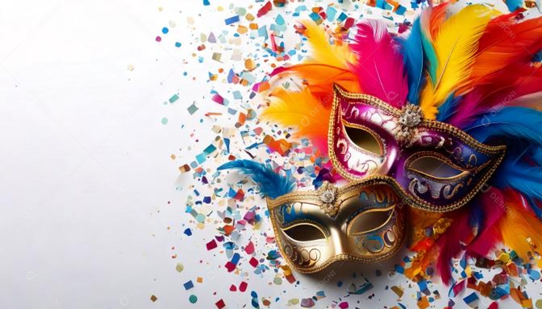 Máscaras de carnaval à direita com serpetini colorido em um fundo azul com um carnaval