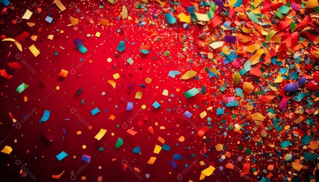 Vários confetes coloridos em fundo vermelho com clima de carnaval