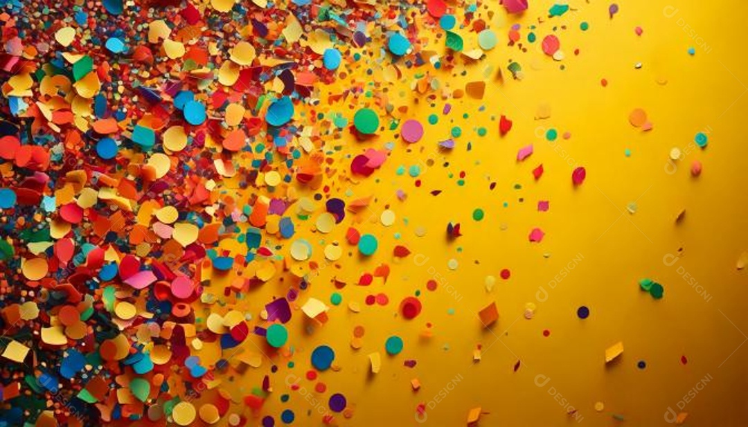 Vários confetes coloridos em fundo amarelo com clima de carnaval