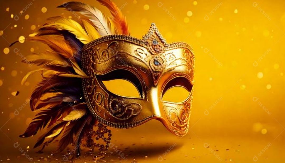 Máscara de carnaval à direita com serpetini colorido em um fundo amarelo