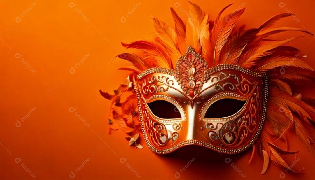 Máscara de carnaval à direita com serpetini colorido em um fundo laranja