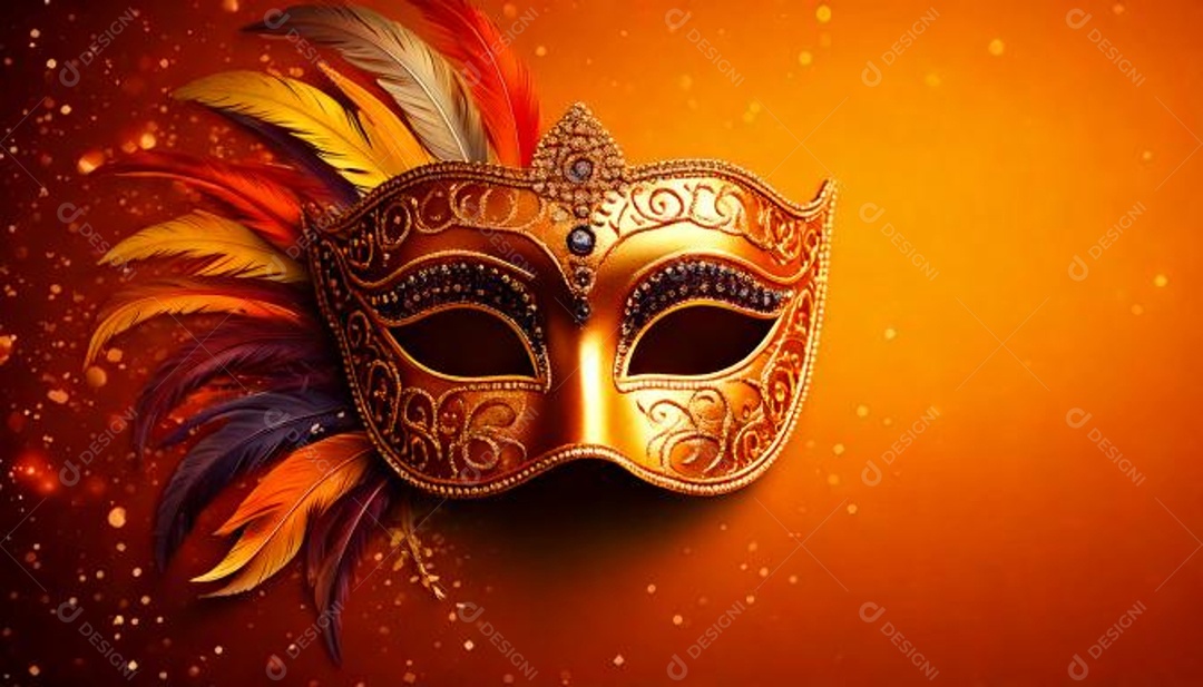 Máscara de carnaval à direita com serpetini colorido em um fundo laranja