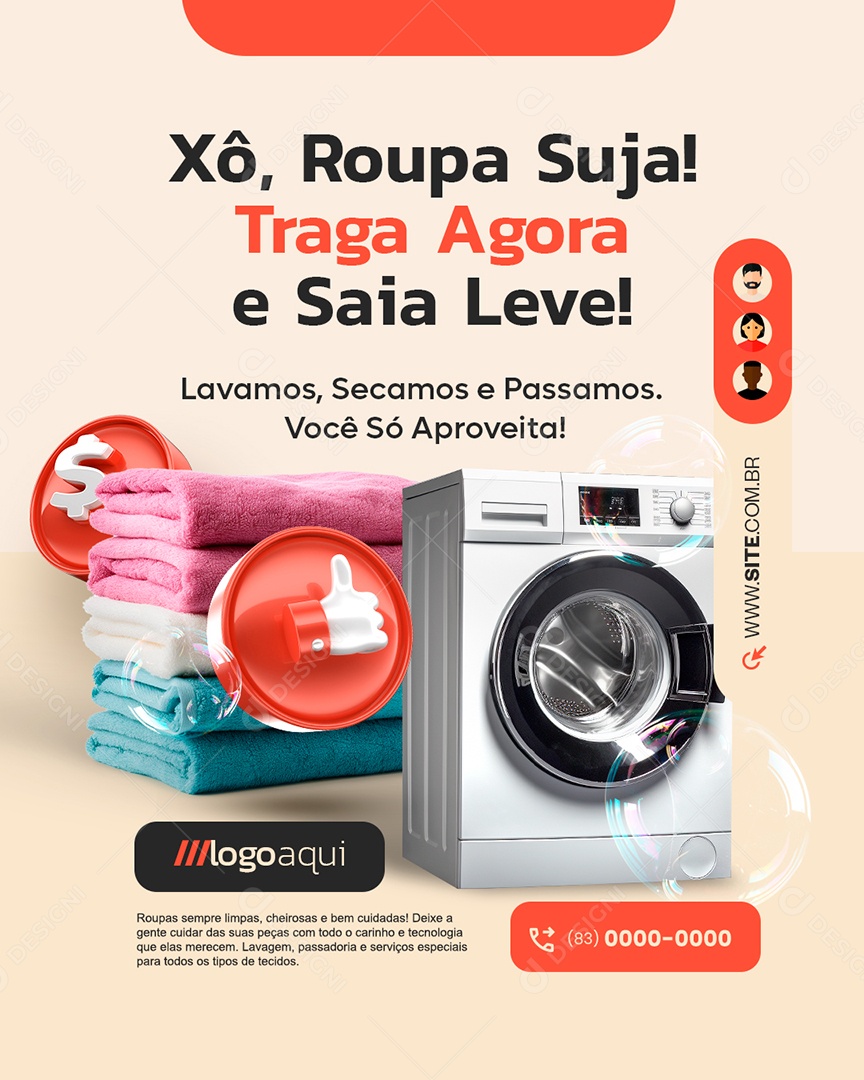 Lavanderia Xô Roupa Suja Traga Agora e Saia Leve Social Media PSD Editável