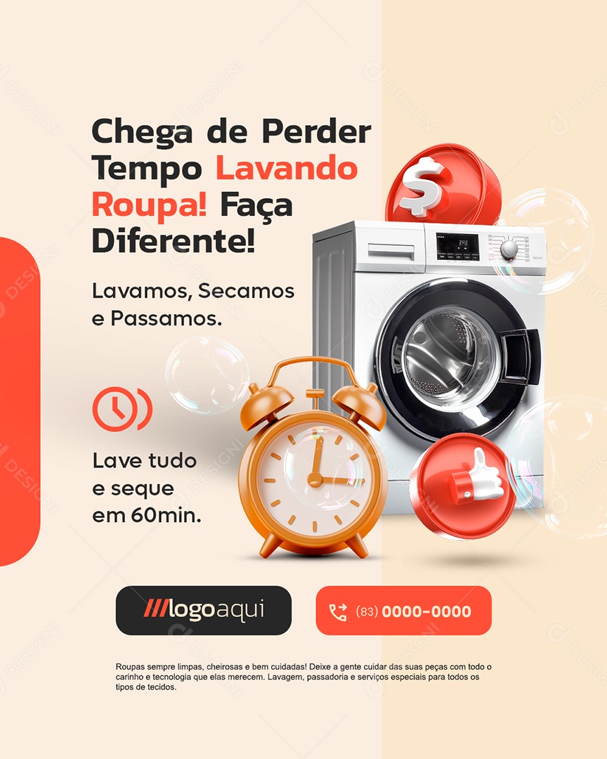Lavanderia Chega de Perder Tempo Lavando Roupa Social Media PSD Editável
