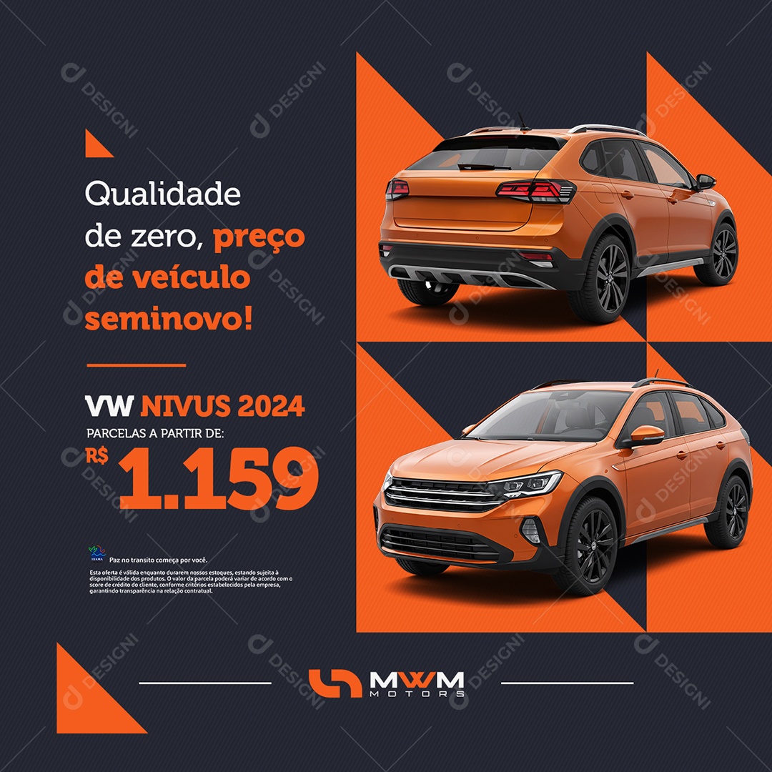 Ofertas Carros Concessionária VW Nivus Qualidade de Zero Social Media PSD Editável