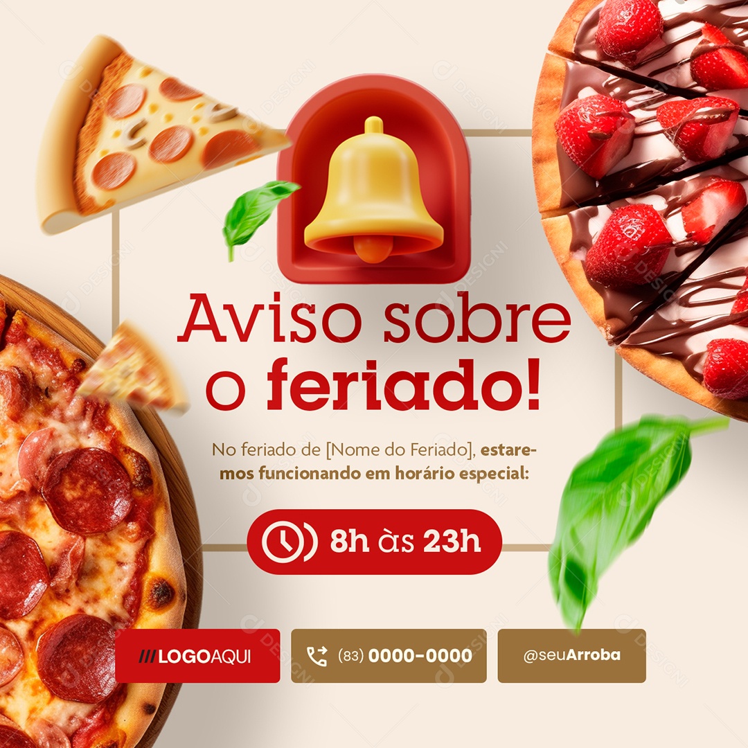 Social Media Pizzaria Aviso Sobre o Feriado Horário Especial PSD Editável
