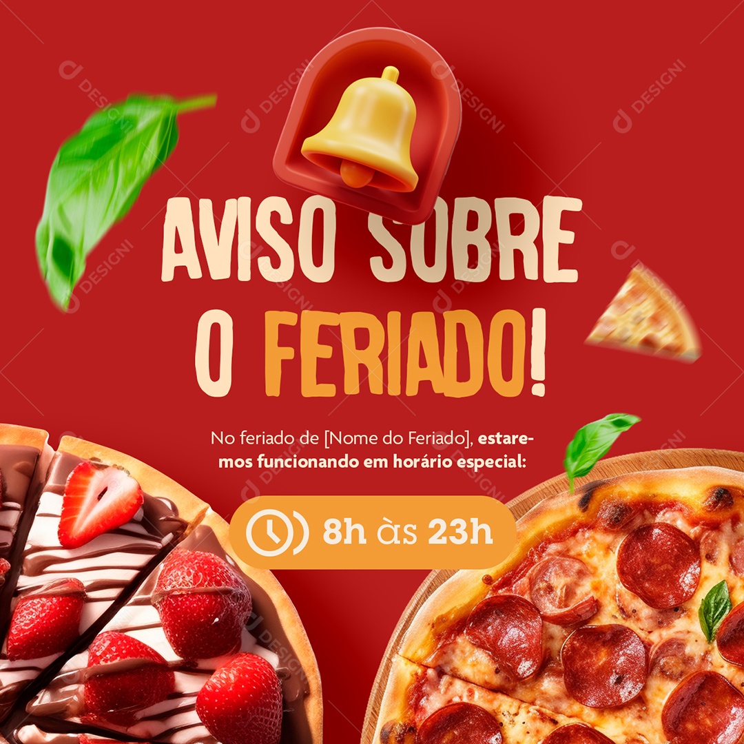 Social Media Pizzaria Aviso Sobre o Feriado PSD Editável