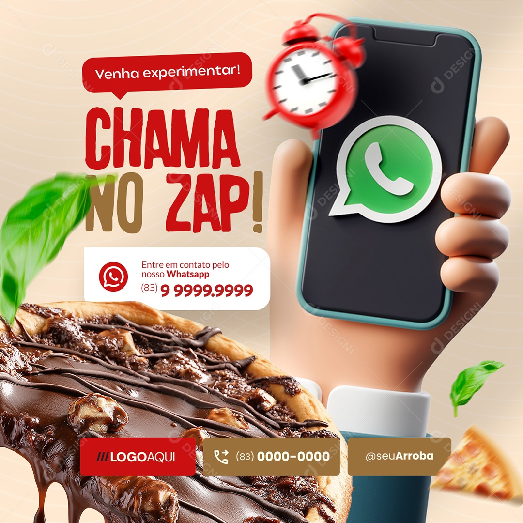 Aviso Pizzaria Venha Experimentar Chama no Zap Social Media PSD Editável