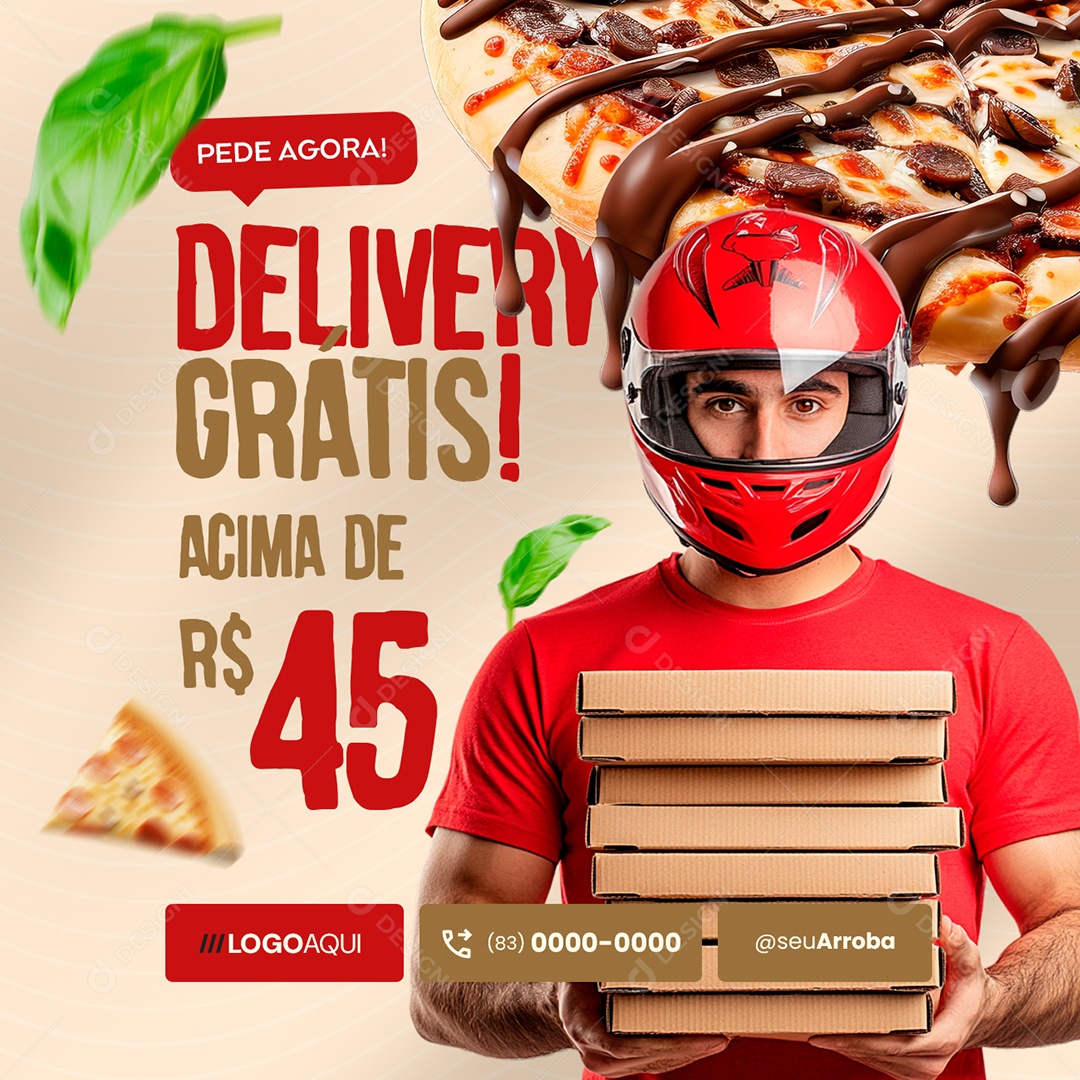 Aviso Pizzaria Pede Agora Delivery Grátis Social Media PSD Editável