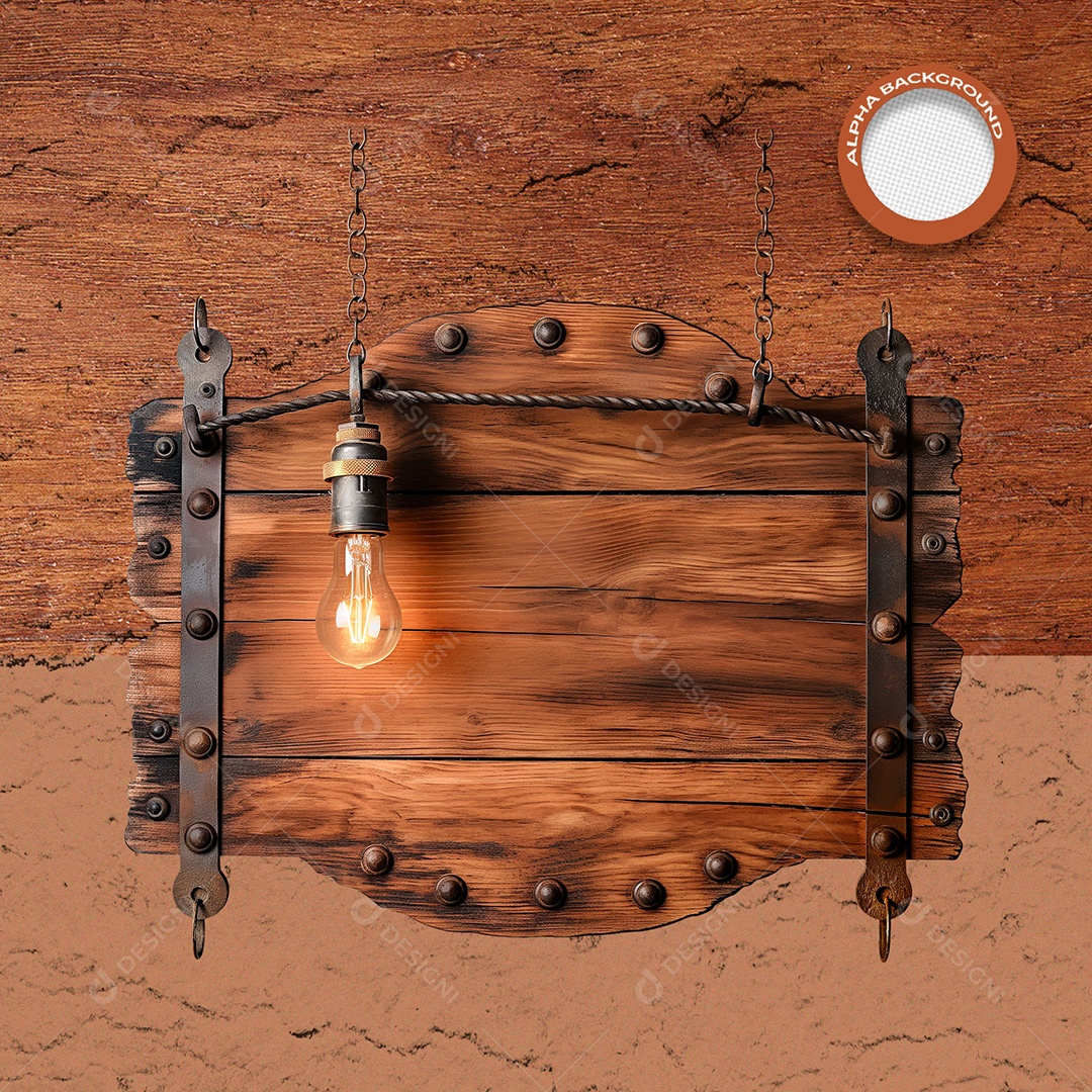 Elemento 3D Placa de Madeira com Correntes para Composição PSD