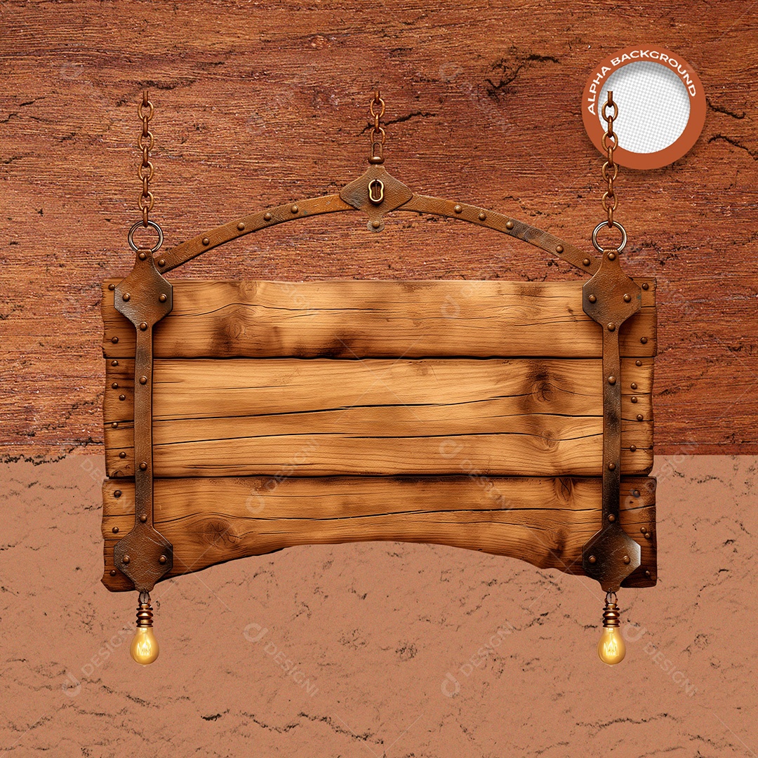 Elemento 3D Placa de Madeira com Correntes para Composição PSD