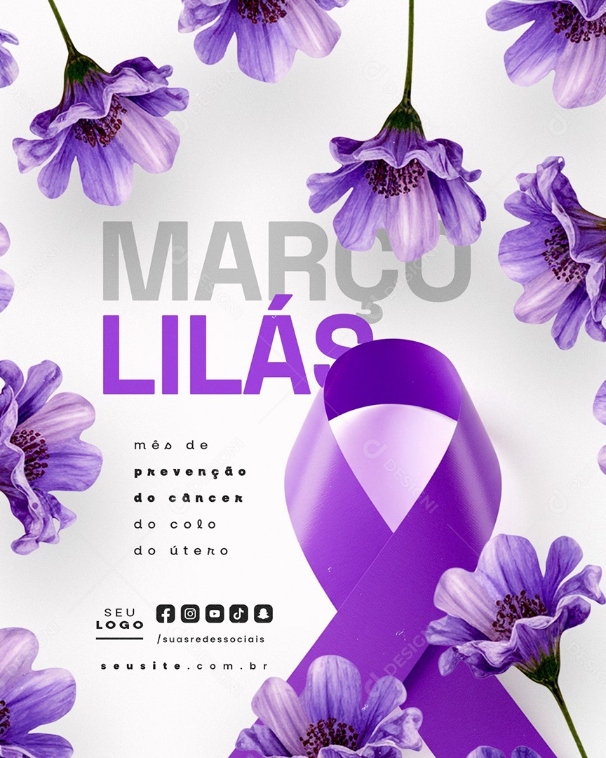 Março Lilás Mês de Prevenção do Câncer do Colo do Útero Social Media PSD Editável