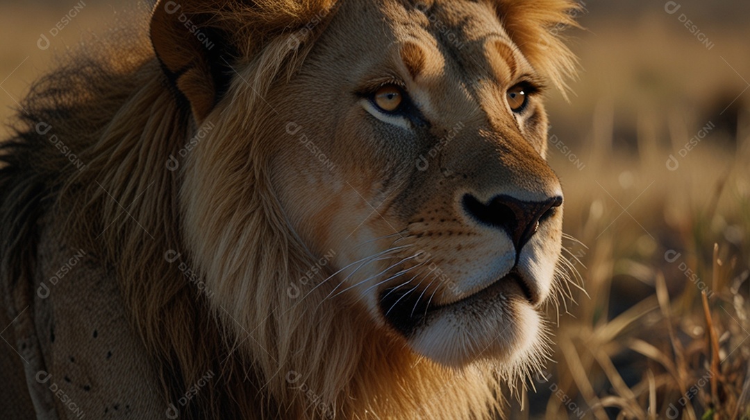 Um leão na savana em dia de sol