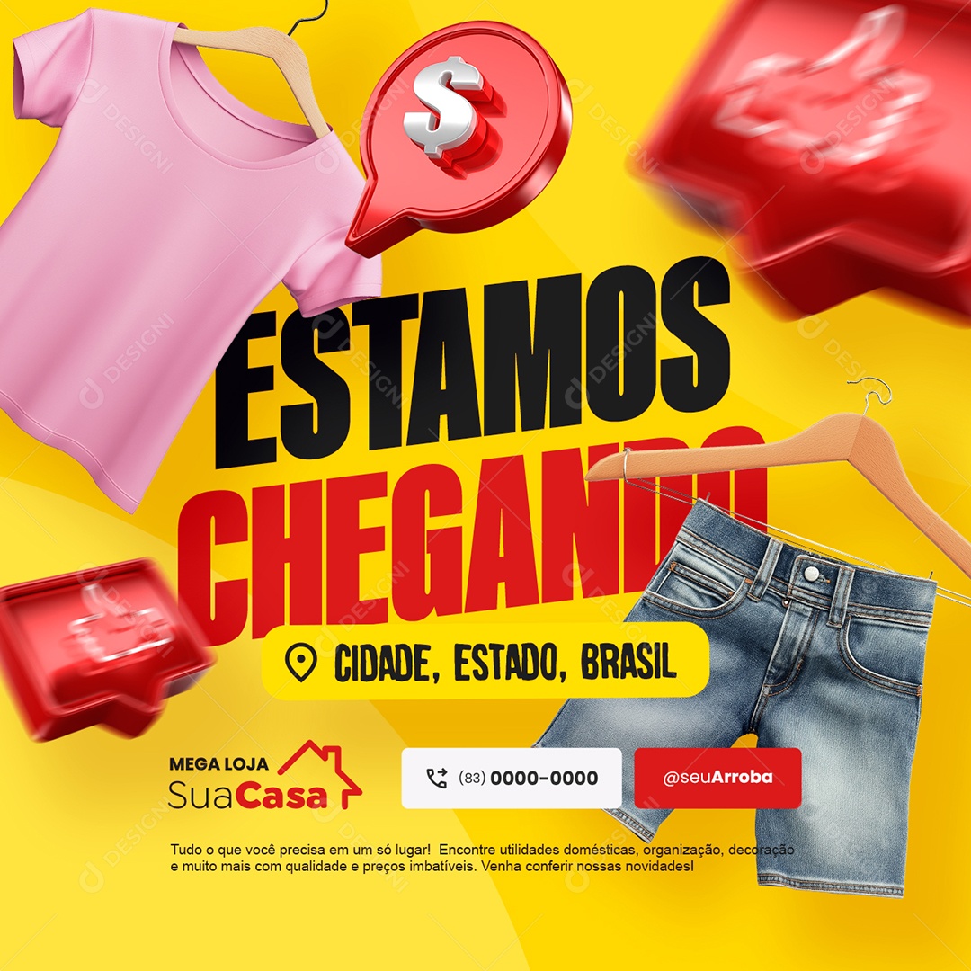 Loja de Roupas Estamos Chegando Camiseta Short Jeans Social Media PSD Editável