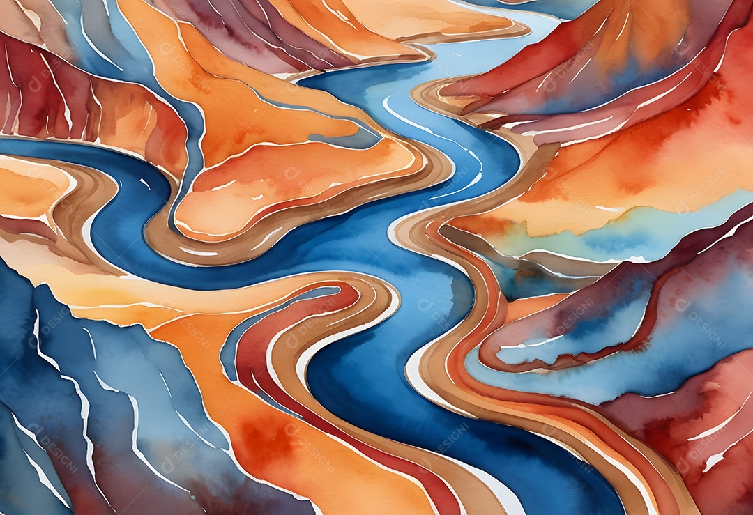 Paisagem abstrata em aquarela com um rio sinuoso fluindo através de montanhas coloridas