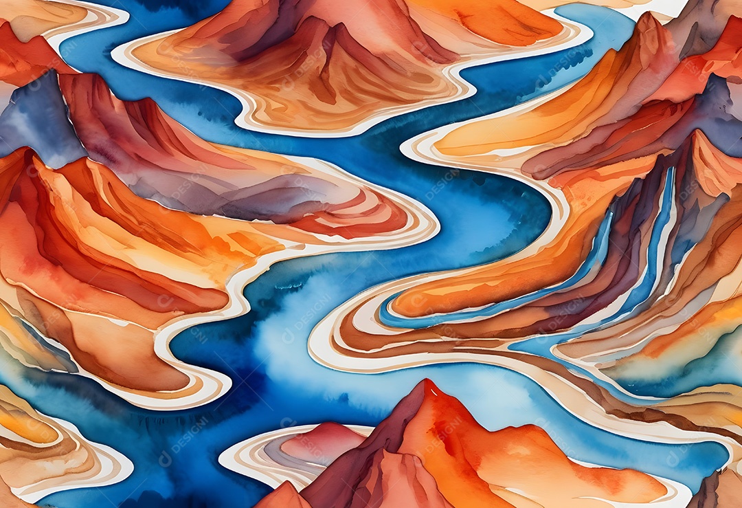 Paisagem abstrata em aquarela com um rio sinuoso fluindo através de montanhas coloridas