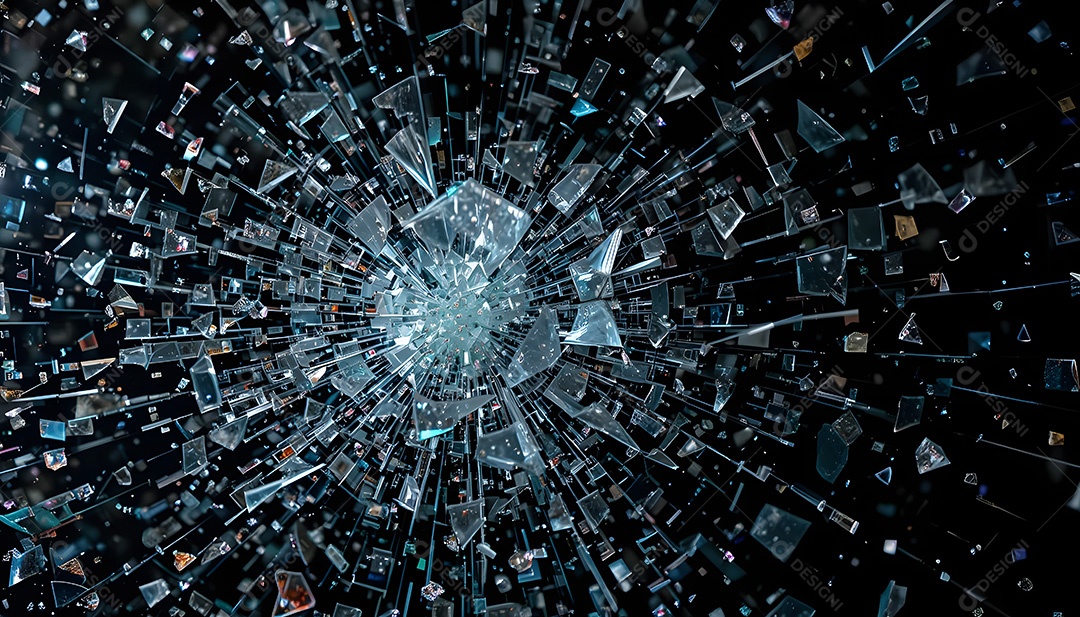 Fragmentos de vidro quebradiços no ar capturados em alto detalhe com um fundo preto