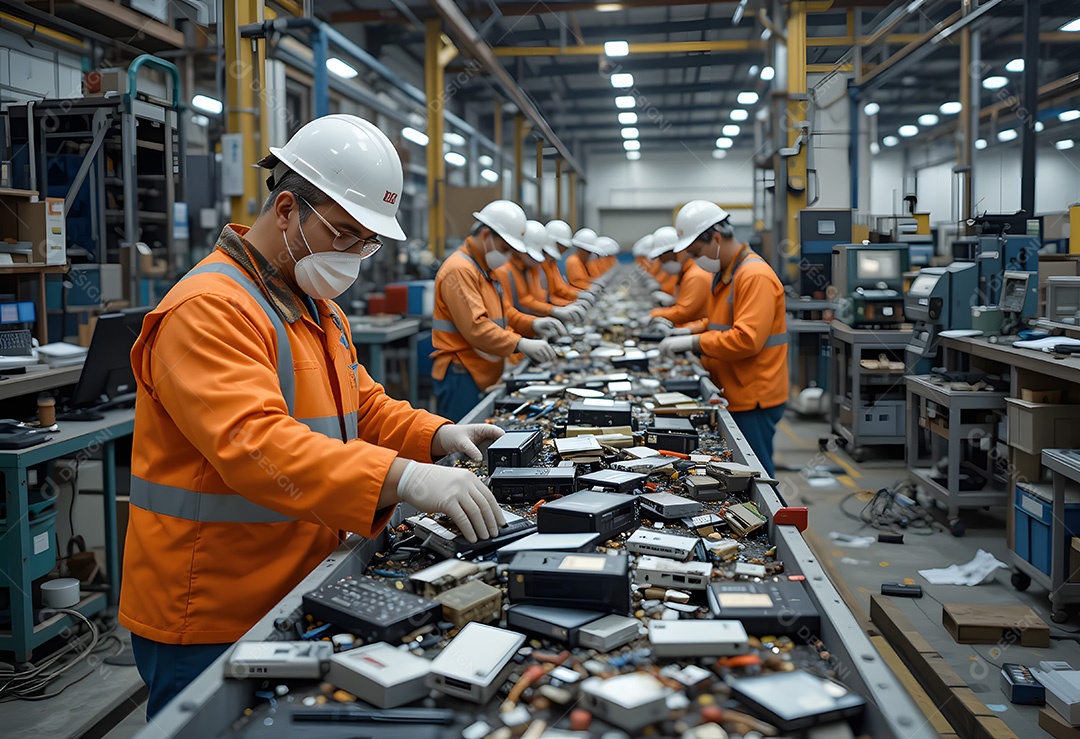 Trabalhadores da planta de reciclagem classificando eletrônicos na correia transportadora