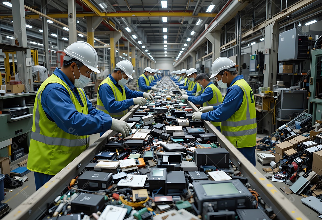Trabalhadores da planta de reciclagem classificando eletrônicos na correia transportadora