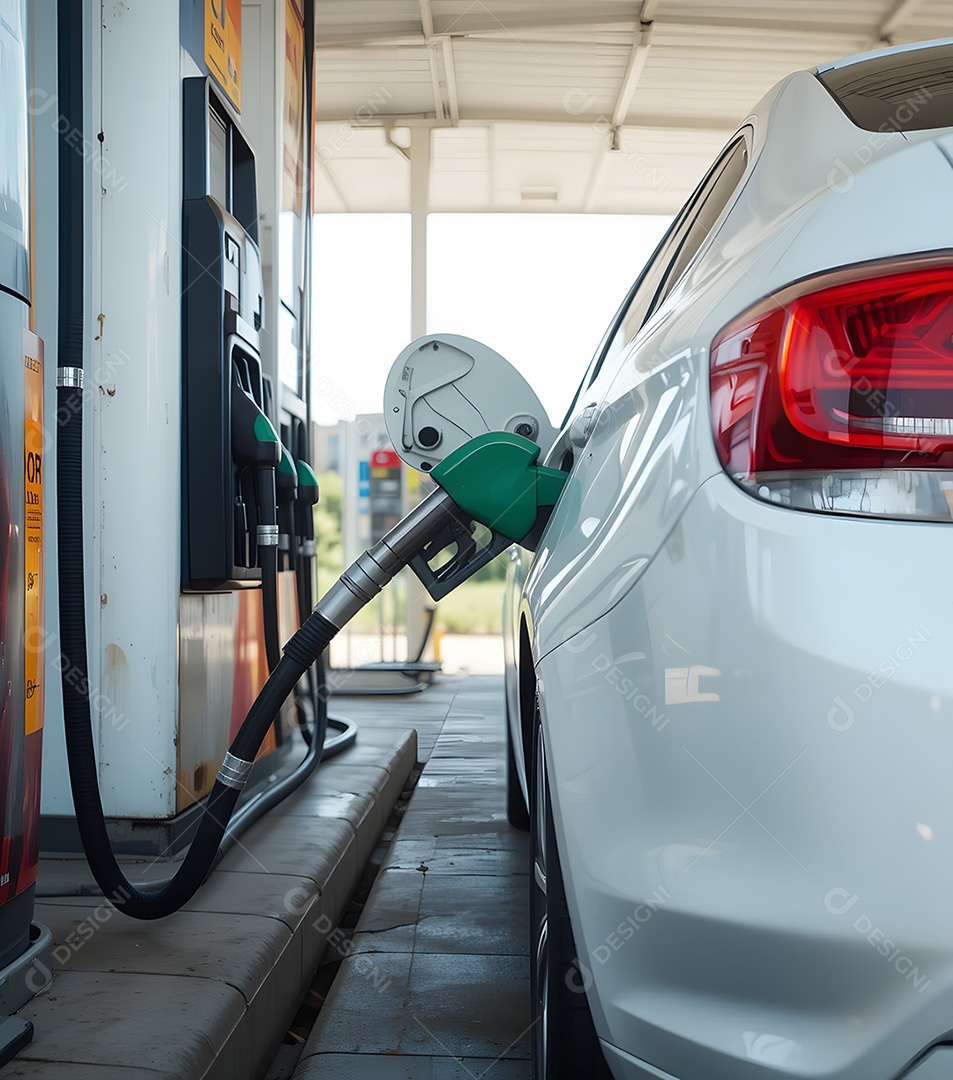 Carro branco reabastecendo num posto de gasolina durante o dia