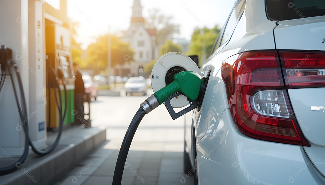 Carro branco reabastecendo num posto de gasolina durante o dia