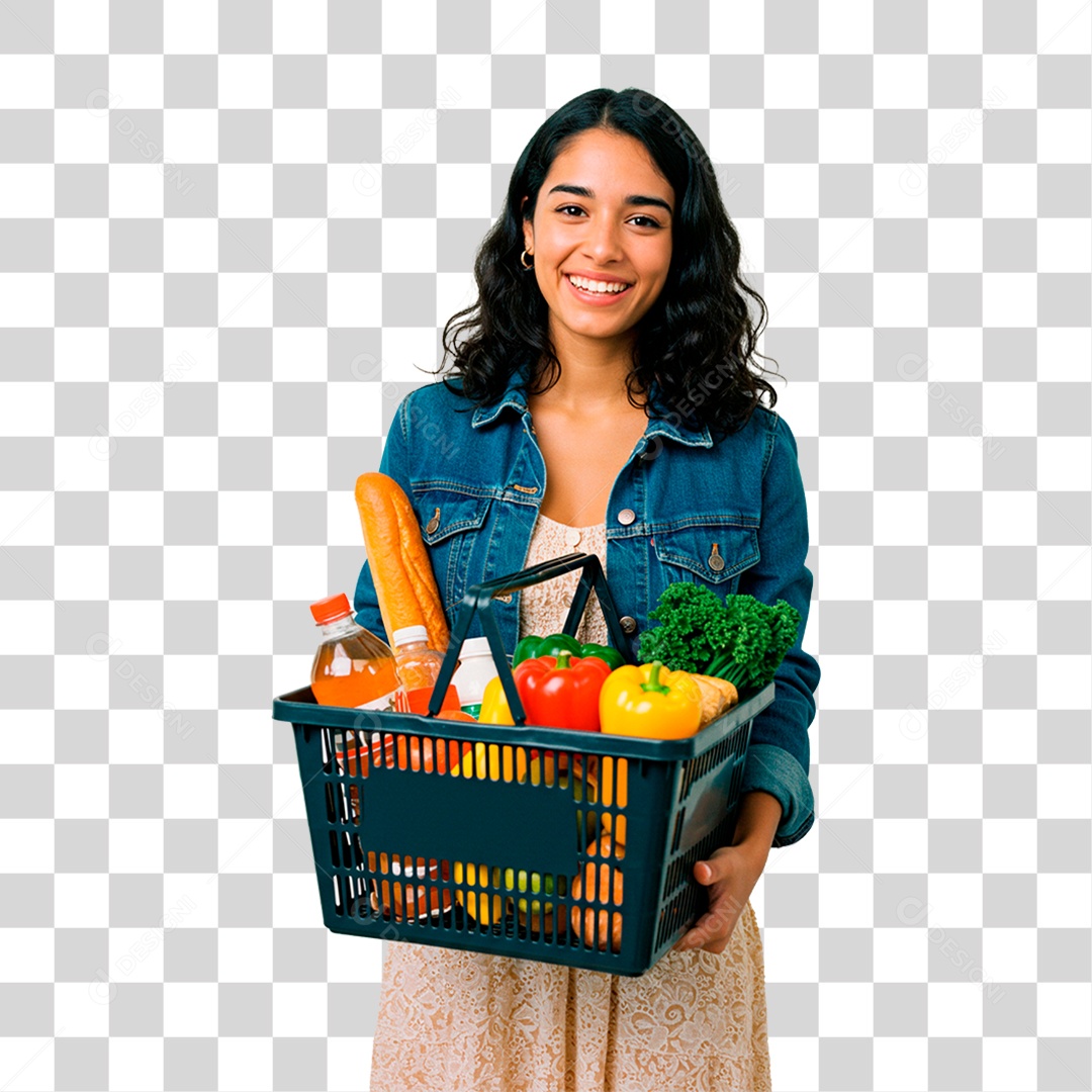 Mulher Segurando Cesta de Verdura PNG Transparente