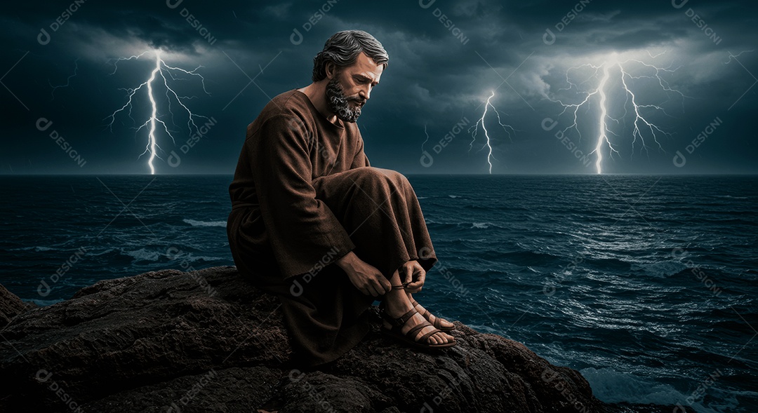 Retrato semelhante de discípulo sobre beira de mar