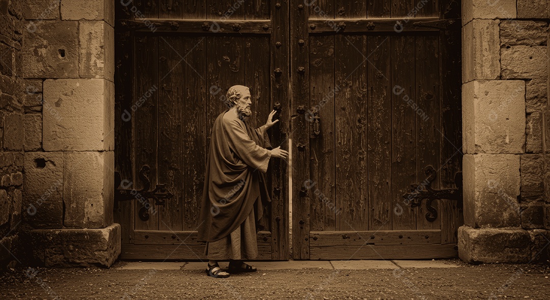 Retrato semelhante de discípulo frente portas de madeira