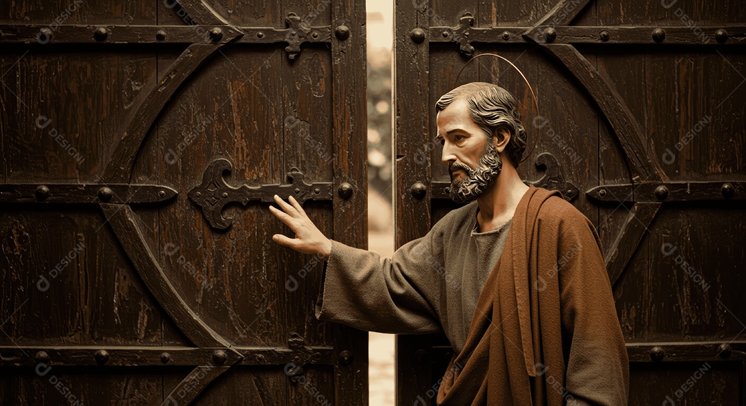 Retrato semelhante de discípulo frente portas de madeira