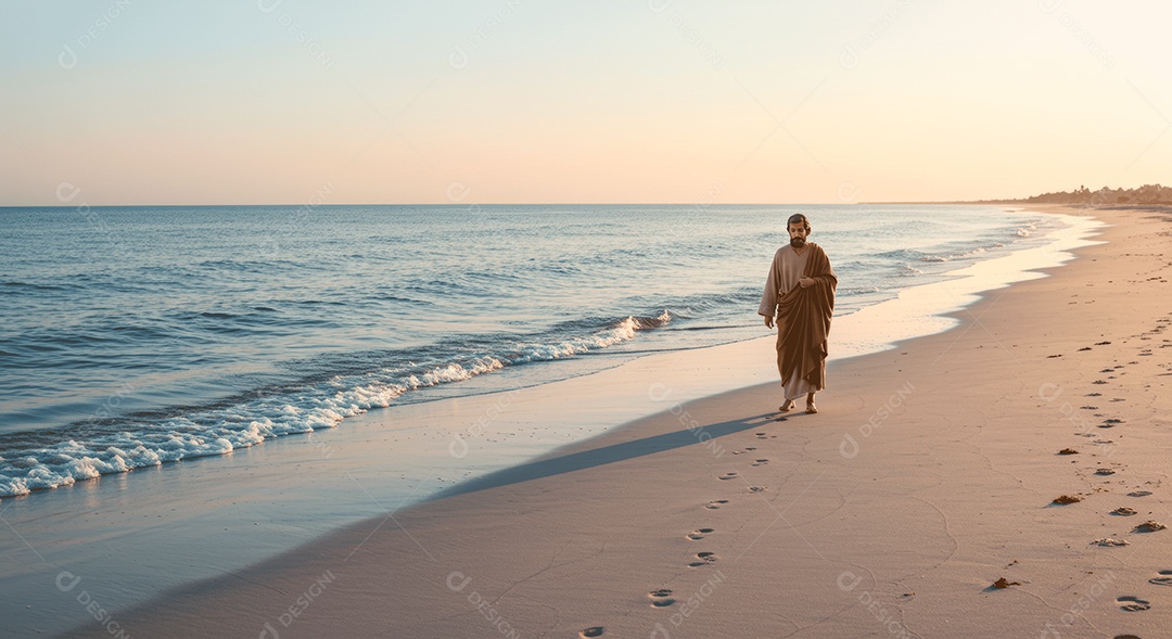 Retrato semelhante de discípulo sobre beira de praia