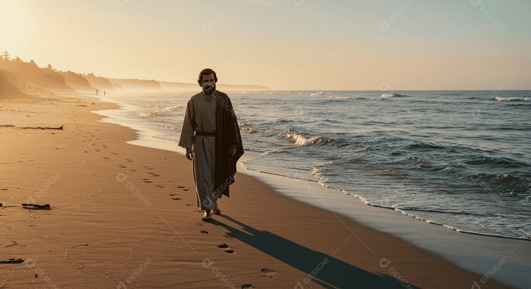 Retrato semelhante de discípulo sobre beira de mar