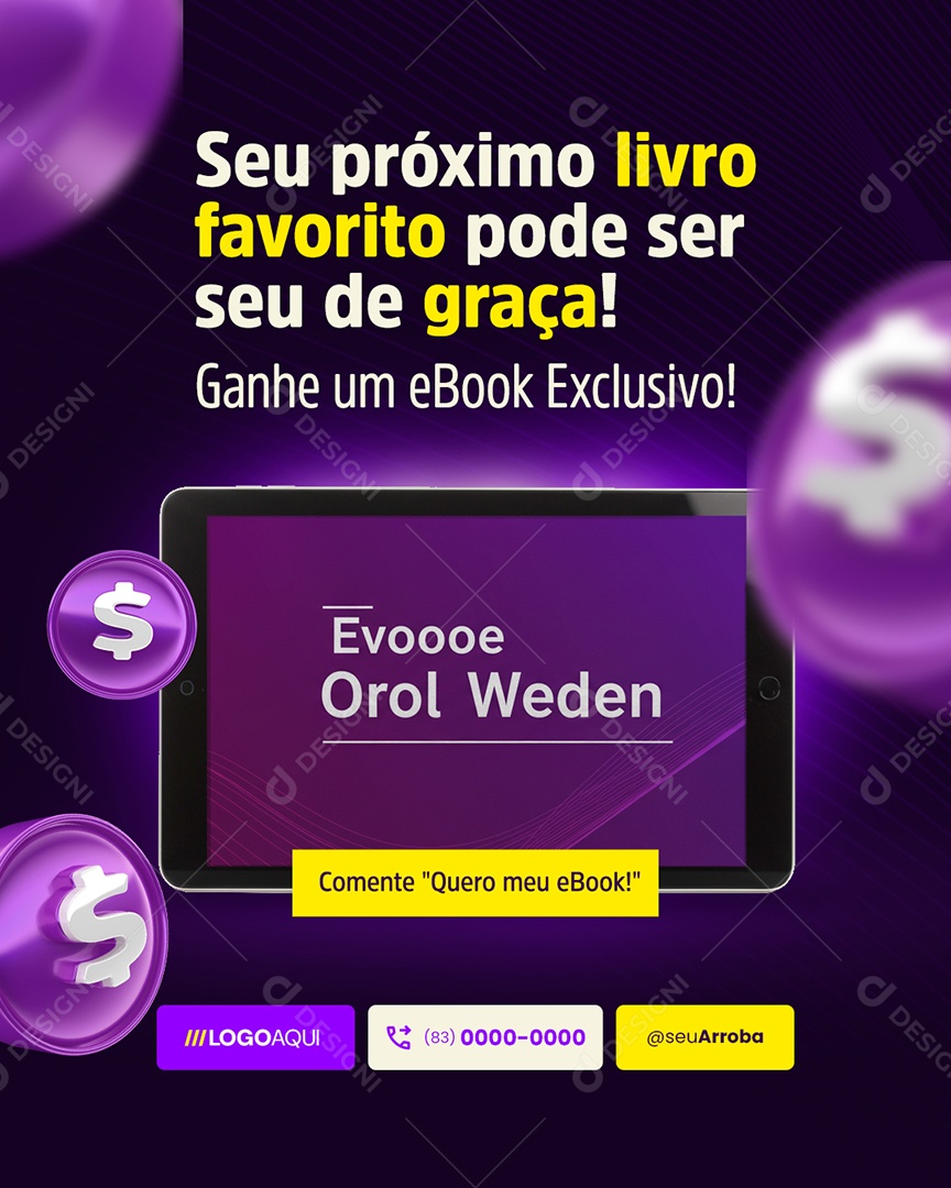 E-book Seu Próximo Livro Favorito Pode Ser Seu de Graça Social Media PSD Editável