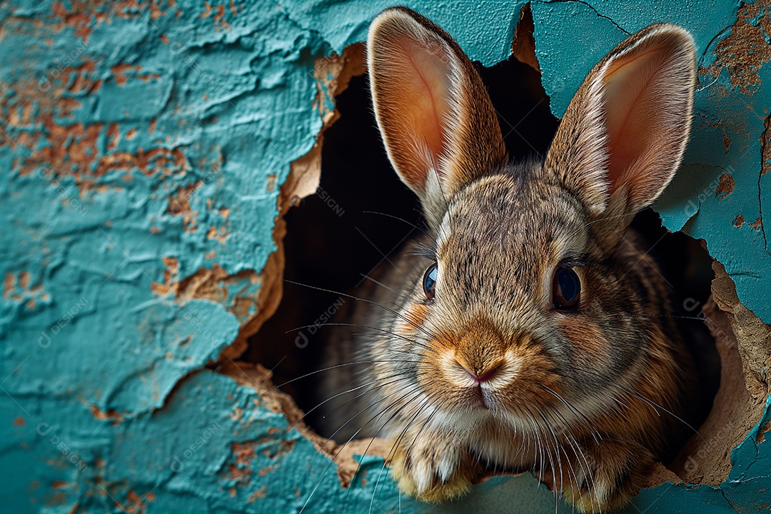 Coelhinho da páscoa espiando por um buraco de papel rasgado azul