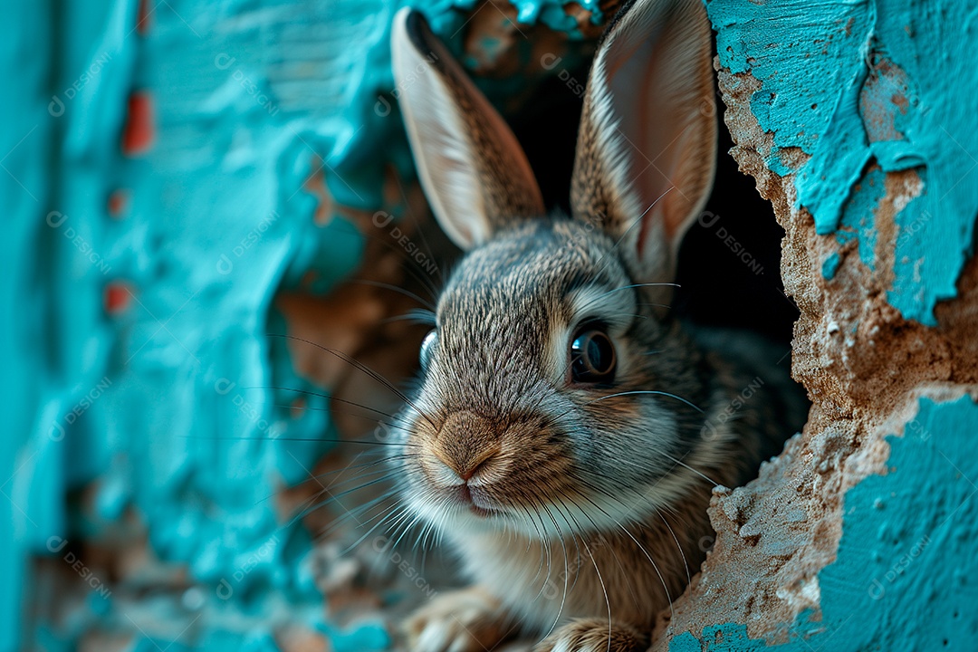 Coelhinho da páscoa espiando por um buraco de papel rasgado passado azul