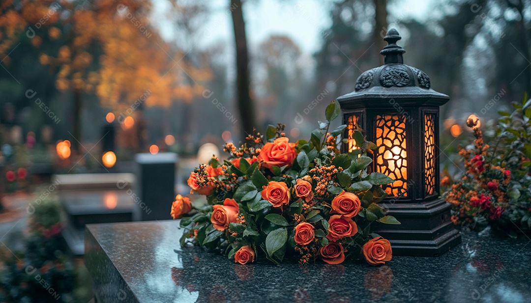 Lanternas de sepultura e flores na superfície de granito
