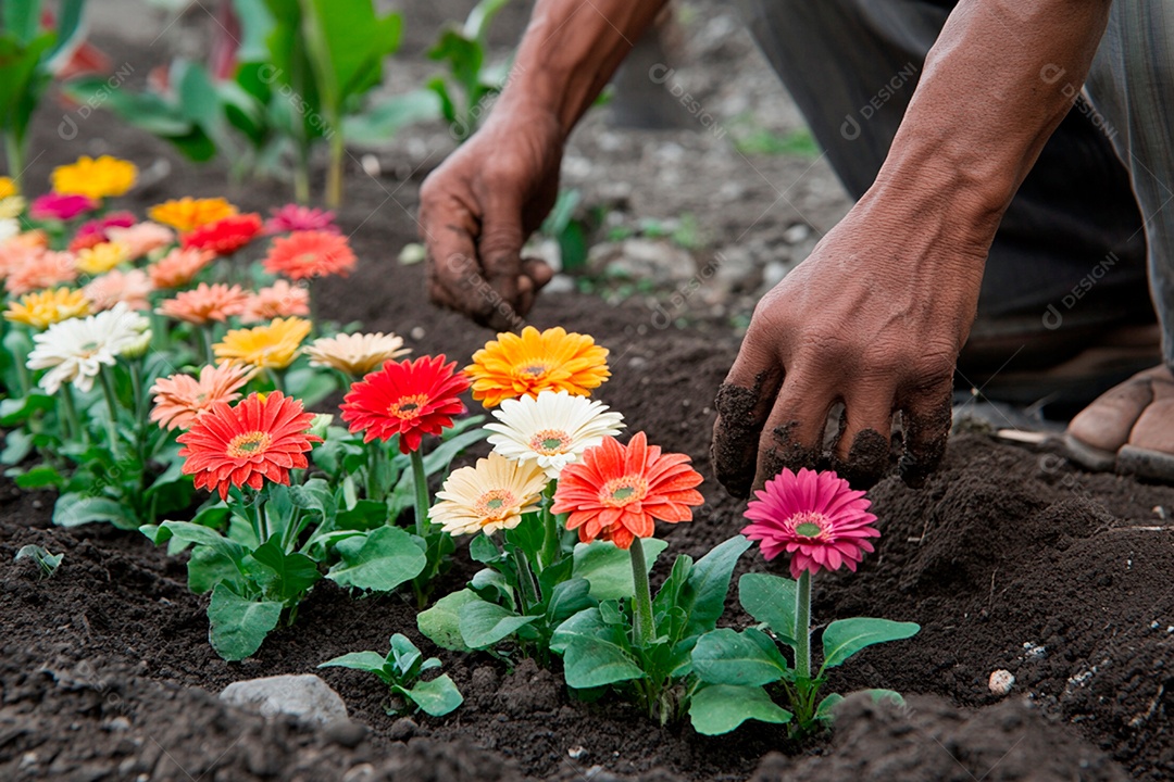 O jardineiro começa preparando cuidadosamente a área
