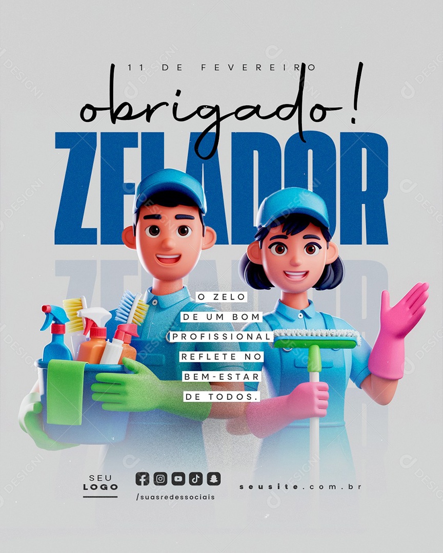 Dia do Zelador 11 de Fevereiro Obrigado Social Media PSD Editável