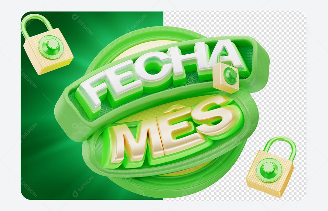 Fecha Mês Selo 3D Verde e Dourado para Composição PSD