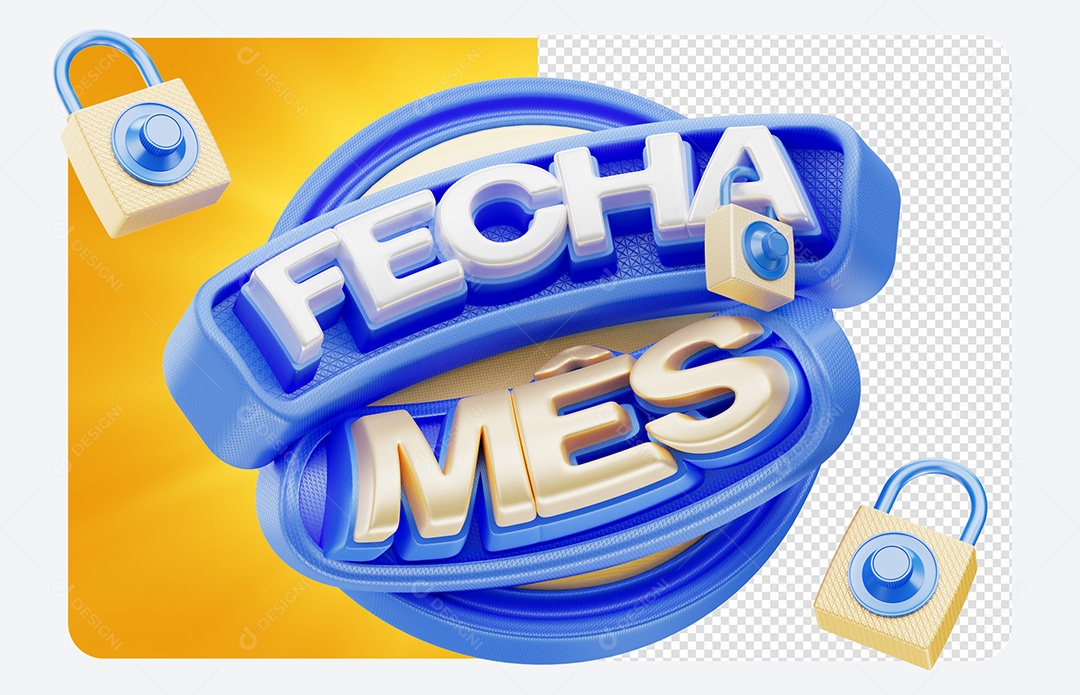 Fecha Mês Selo 3D Azul e Dourado para Composição PSD