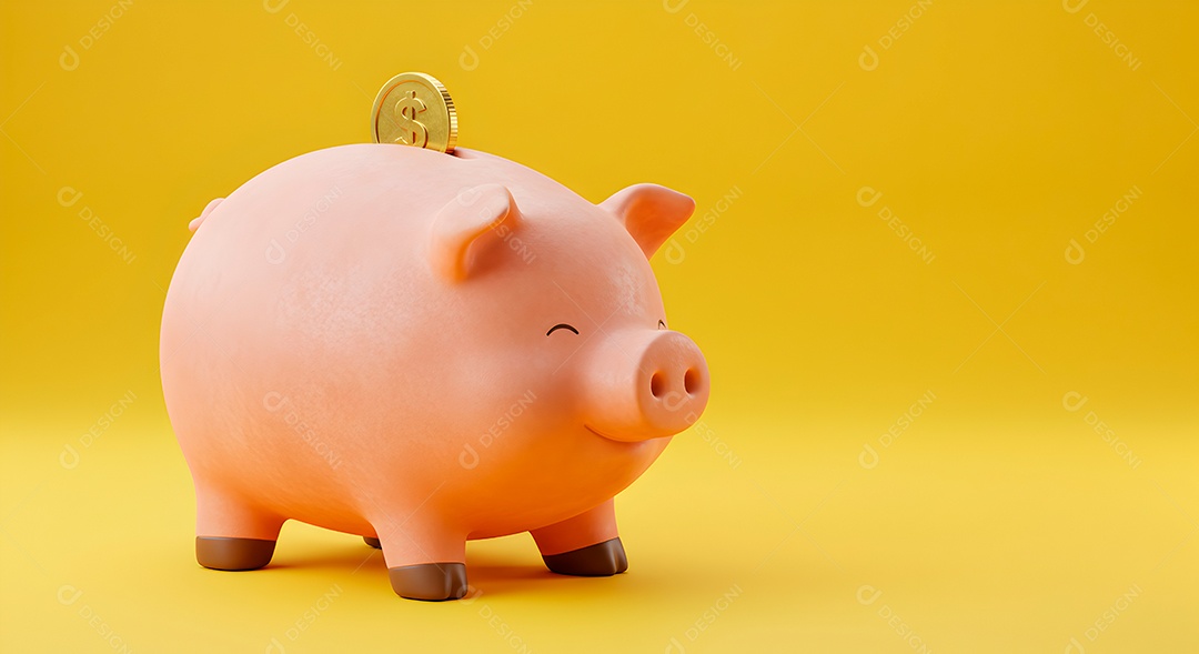 Cofrinho porquinho em fundo amarelo com moeda IA generativa
