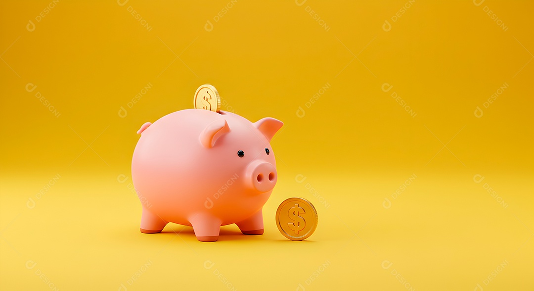 Cofrinho porquinho em fundo amarelo com moeda IA generativa