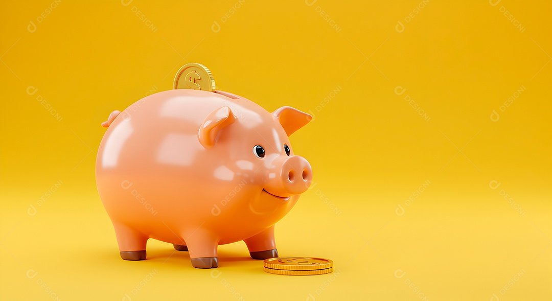 Cofrinho porquinho em fundo amarelo com moeda IA generativa